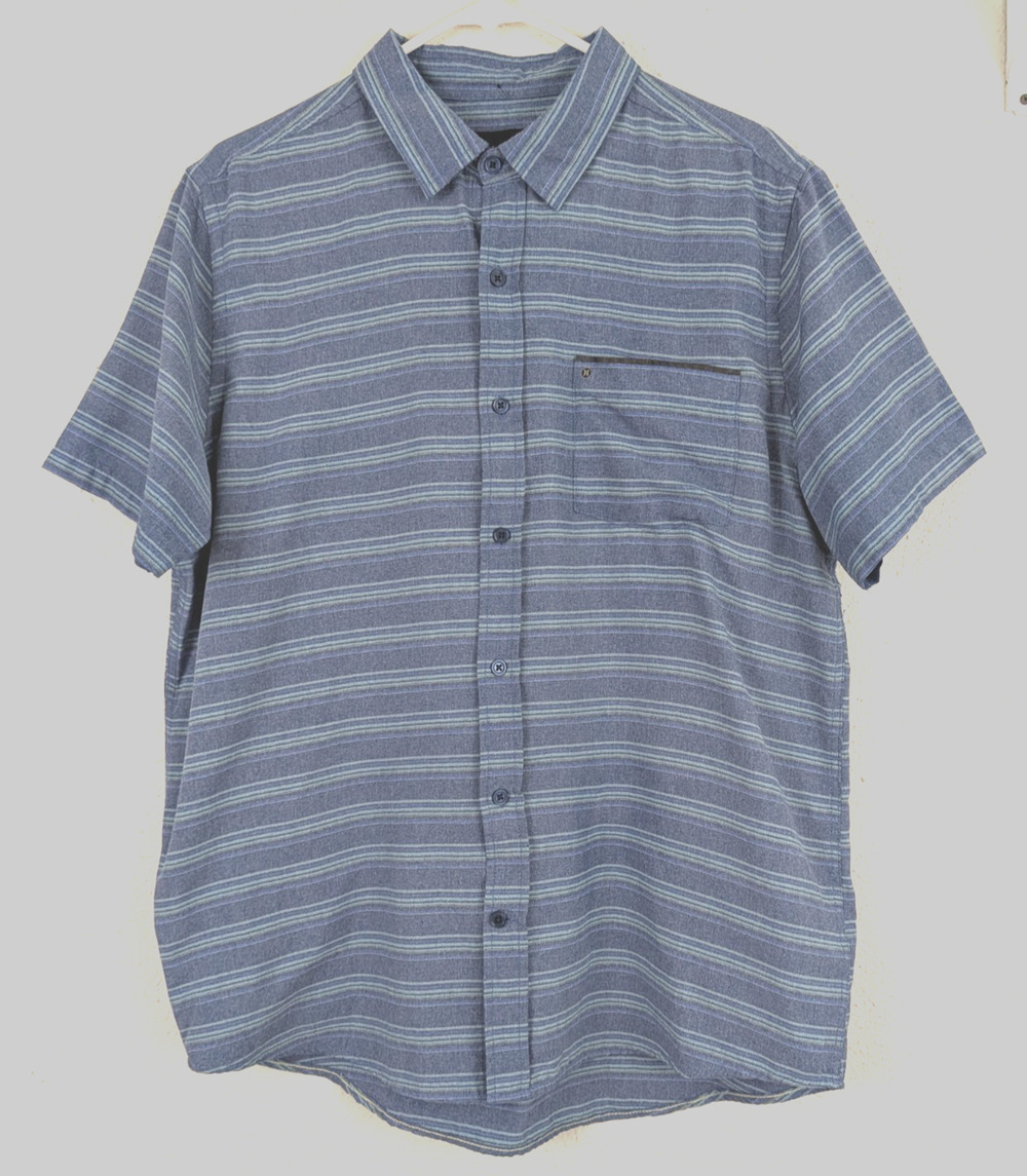 Hurley Nike sz L Waylon Woven Shirt thin button front ss blue with stripes 3290